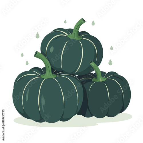 Three dark green Kabocha squashes stacked with water droplets