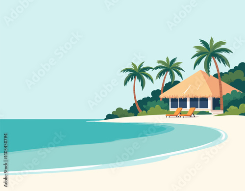 Tropical beach hut with palm trees and lounge chairs