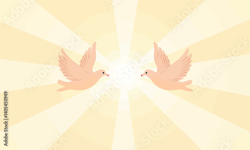Two Peach Doves Flying Toward Light Rays