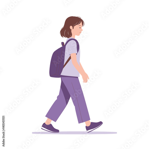 Walking student with backpack in purple outfit