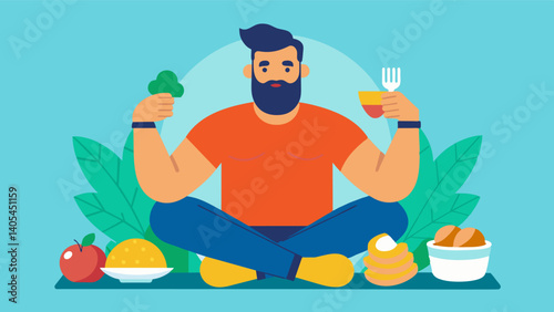 A man sitting down to enjoy a balanced and nourishing meal rejecting the strict and often unhealthy eating habits associated with extreme muscle culture.. Vector illustration