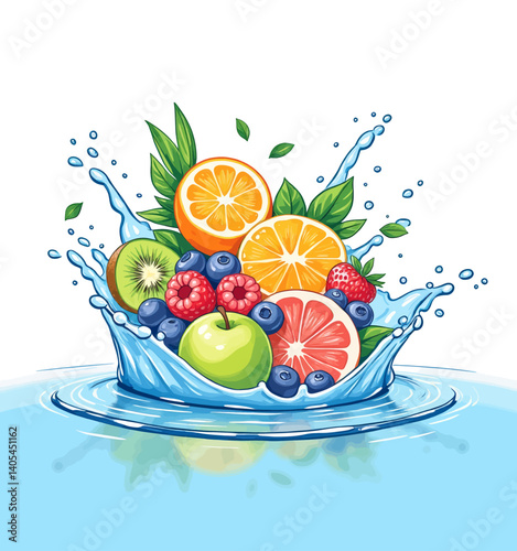 Vibrant fruit splash with apple, berries, citrus