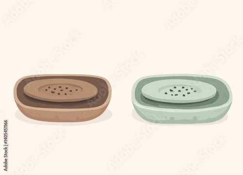 Two stylized soap dishes, brown and green, cartoonish