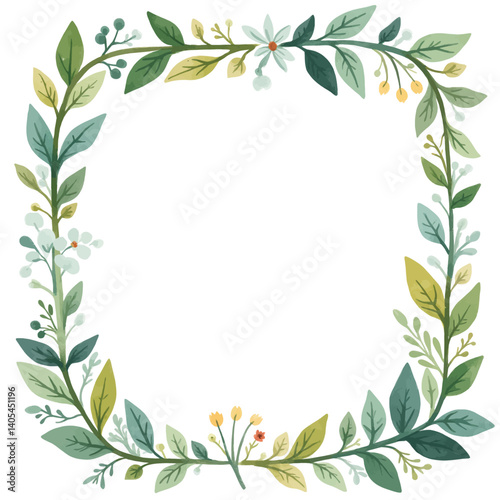 Watercolor floral square frame with green leaves