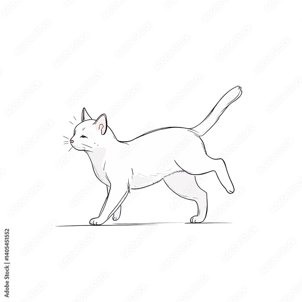 White cat walking with leg raised, line art style White cat walking with leg raised, line art style