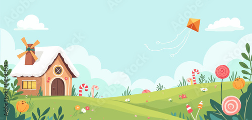 Whimsical Landscape with Gingerbread House and Kite