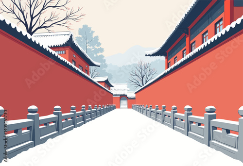 Winter scene of Forbidden City with snow covered ground