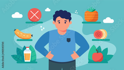 Despite the constant bombardment of ads for miracle weight loss products he chose to reject the unrealistic standard of a certain body size and focus on nourishing his body with. Vector illustration