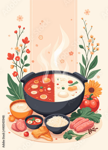 Yin Yang Hot Pot with Floral Accents and Garnishes