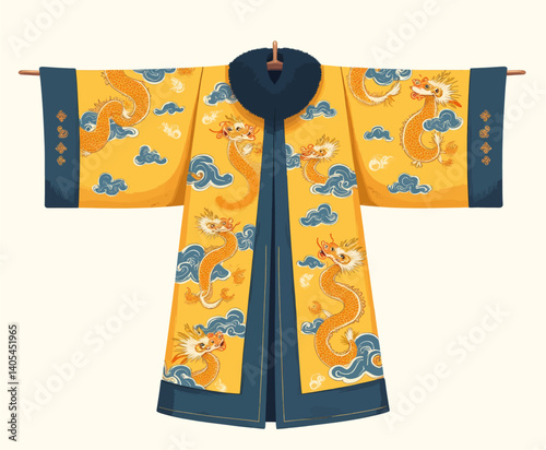 Yellow robe with dragon and cloud design hanging on rack
