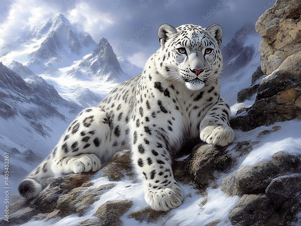 Fototapeta premium Snow Leopard Resting on Mountain Rocks in Snowy Landscape