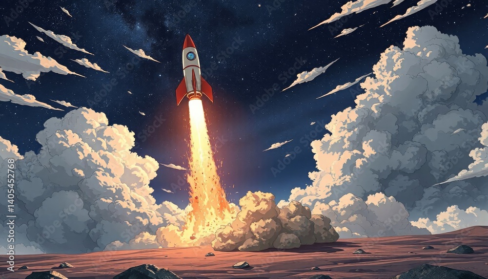 Naklejka premium Retro rocket launching into space against a vibrant sky 