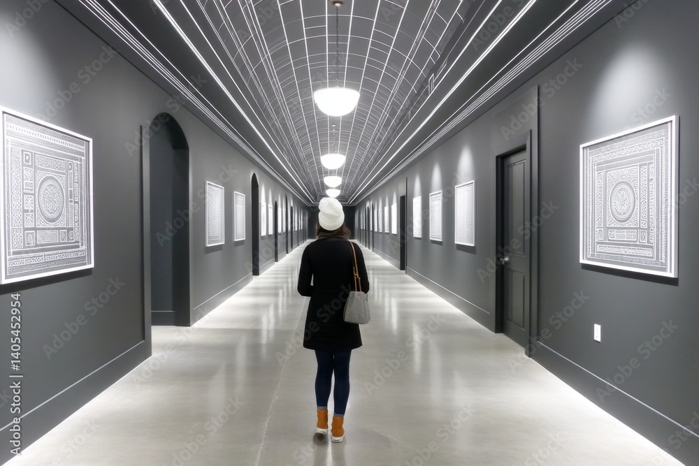 A dark hallway lined with paintings that change based on who walks past them, revealing their personal yesterday A dark hallway lined with paintings that change based on who walks past them, revealing their personal yesterday