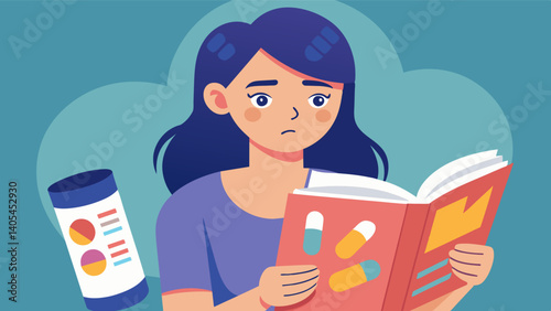 A teenage girl flips through a magazine filled with ads for diet pills feeling insecure about her own appearance and considering drastic measures to achieve the ideal body.. Vector illustration