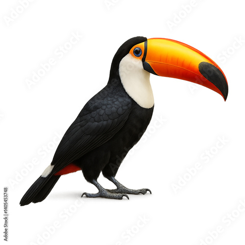 hyper-realistic high-resolution PNG image of a single Tucano, fully visible and isolated on a transparent background. The image must be 2000x2000 pixels and rendered at 100 megapixels. Focus 