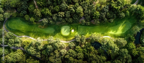 Aerial perspective of championship golf course: perfectly manicured emerald-green fairway with circular bunker, symmetrical tree lines casting long afternoon shadows