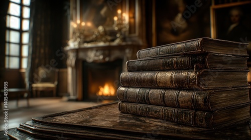 Antique books stacked by fireplace in a grand room