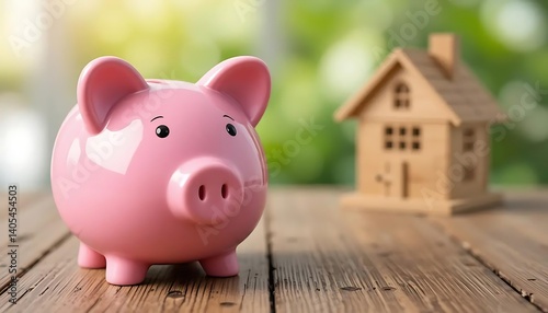 piggy bank with a house miniatur. Saving for property or investment concept