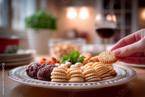 A hand taking the last cookie from a shared plate while smirking