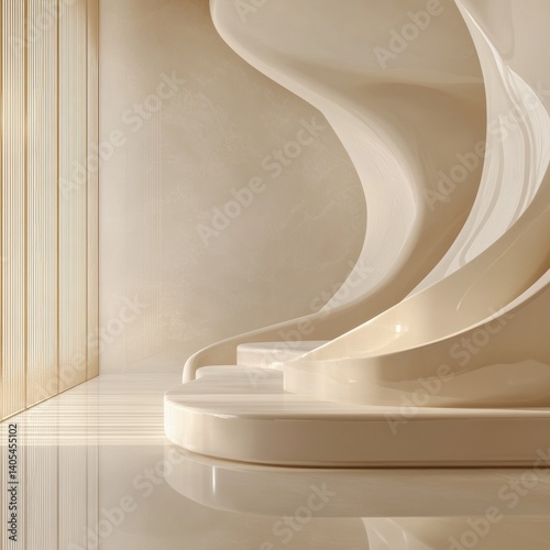 Modern minimalist beige interior with empty podium displaying products