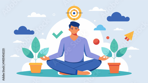 A man setting a goal to reduce his stress levels by incorporating mindfulness practices into his daily routine and noticing a positive change in his overall wellbeing.. Vector illustration