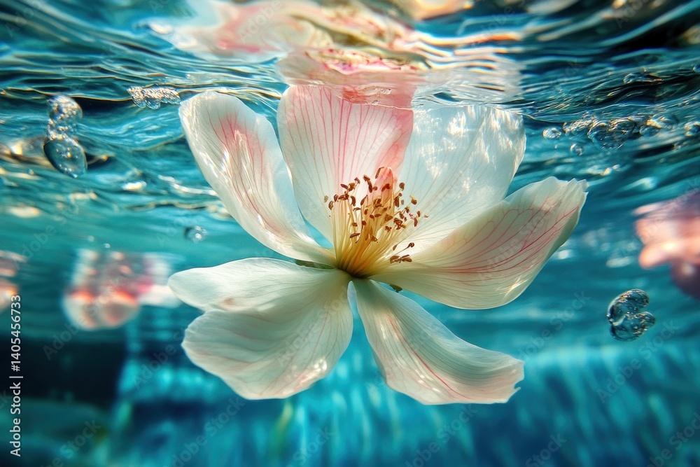 Beautiful background with flowers under water. Beautiful floating vanilla flower underwater with splash und bubbles, pastel blue colors.