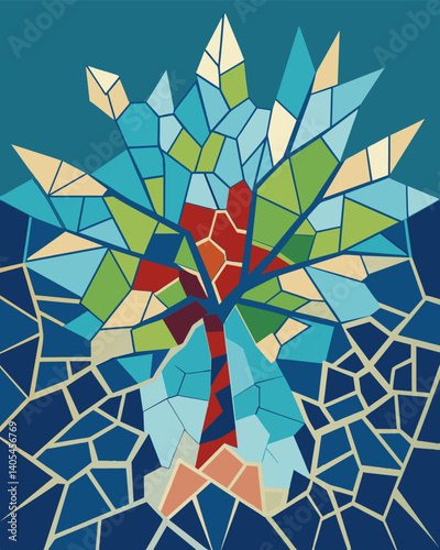 A stunning mosaic mural made from broken pieces of glass and tile adds a touch of creativity to an otherwise plain city wall.. Vector illustration