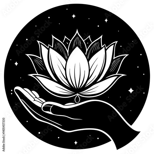 A graceful hand gently holding a blooming lotus flower, symbolizing peace, purity, and spiritual awakening
