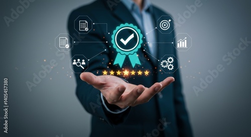 Business Person Holding a Quality Assurance Badge with Stars and Business Icons