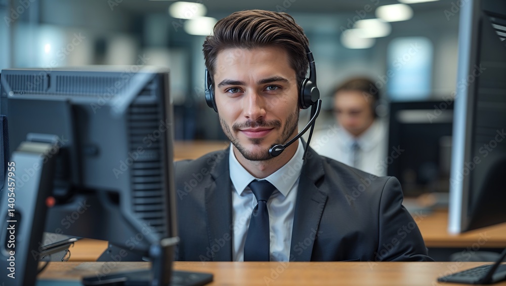 Friendly Customer Service Representative with Headset and Clean-Cut Appearance, Seated in a Corporate Environment with Soft Lighting and Warm Tones Friendly Customer Service Representative with Headset and Clean-Cut Appearance, Seated in a Corporate Environment with Soft Lighting and Warm Tones