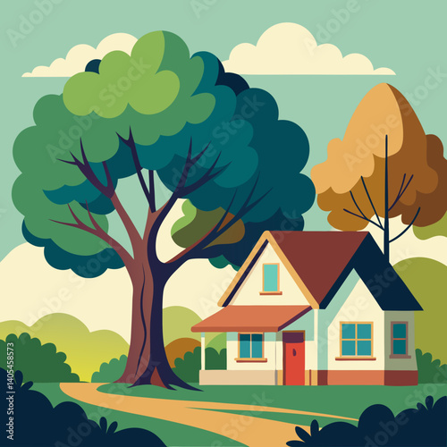 A charming house nestled beside a large, leafy tree, with another smaller house visible in the background