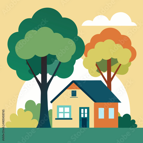 A charming house nestled beside a large, leafy tree, with another smaller house visible in the background