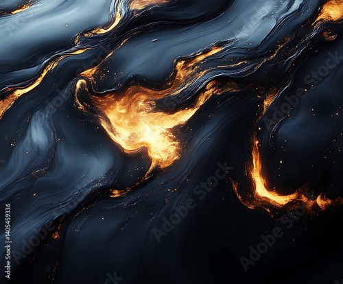 Abstract swirling dark blue and gold paint texture.