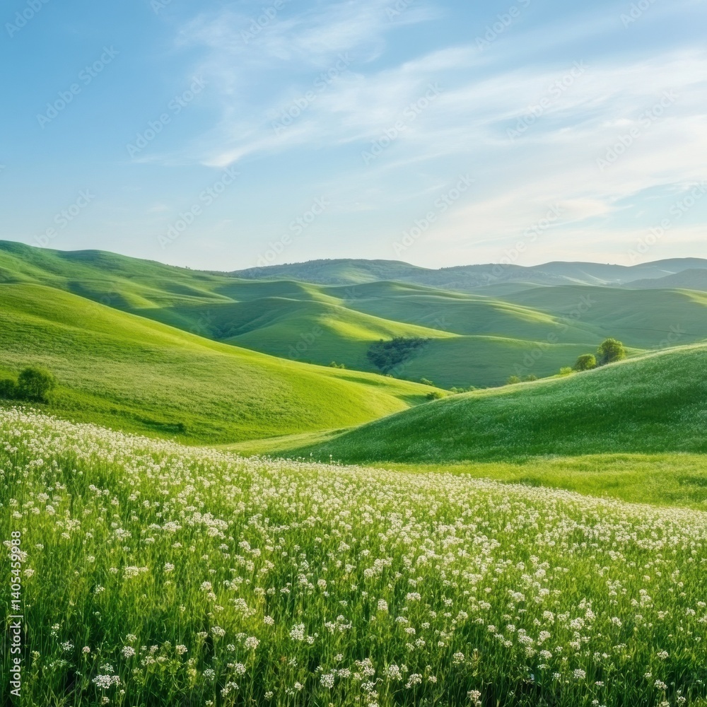 Fototapeta premium Rolling green hills and white wildflowers creating a stunning landscape
