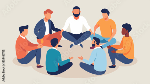 A group of men sitting in a circle discussing the harmful effects of toxic masculinity and how they can support each other in breaking free from it.. Vector illustration