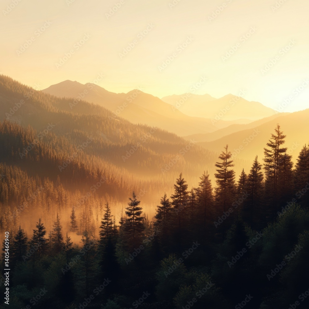 Obraz premium Golden sunrise illuminating misty mountain valley and pine forest