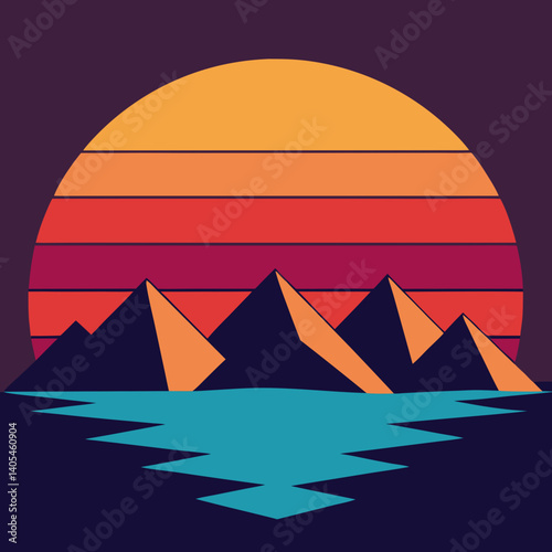 Retro style mountain illustration with a sunrise behind it and a lake in front