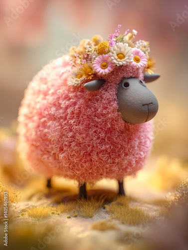 Cute pink sheep with flowers crown. Kid's book illustration 