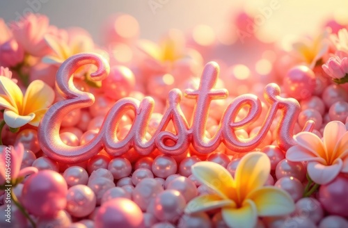 colorful easter letters with floral decor in light blue background