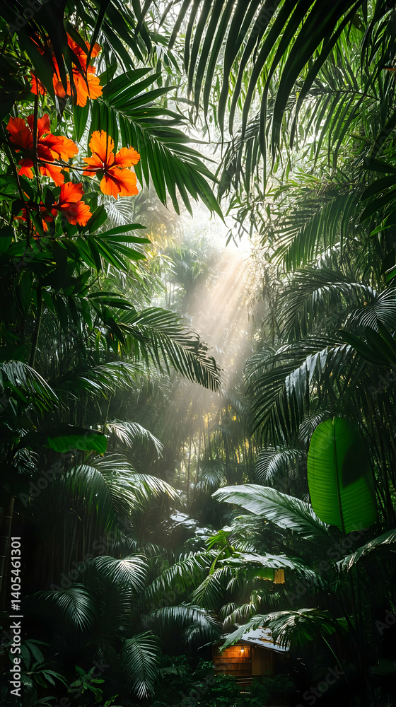 Obraz premium Tropical Forest Sunlight Rays Through Lush Plants