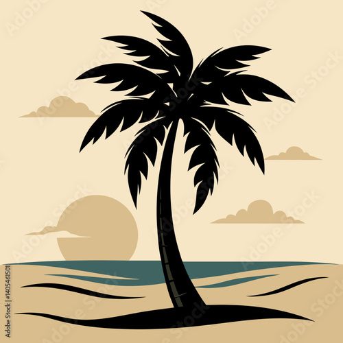 Palm tree silhouette on the beach by the sea for summer vacation