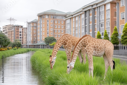 Long shot of giraffes grazing peacefully near the Giraffe Centre buildings