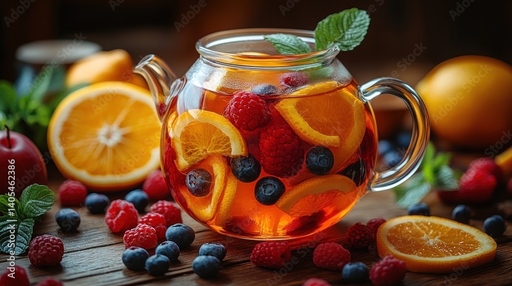 Refreshing Fruit Tea in Glass Teapot Refreshing Fruit Tea in Glass Teapot