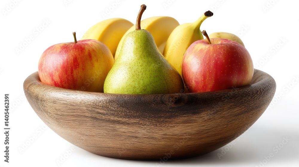 Flat-lay photography: Wooden bowl overflowing with glossy red apples, green apples, bananas and pears on pure white backdrop, water droplets enhancing natural textures under diffused studio lighting. Flat-lay photography: Wooden bowl overflowing with glossy red apples, green apples, bananas and pears on pure white backdrop, water droplets enhancing natural textures under diffused studio lighting.