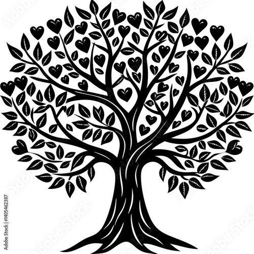 Black love tree with heart leaves hand draw Valentine tree silhouette