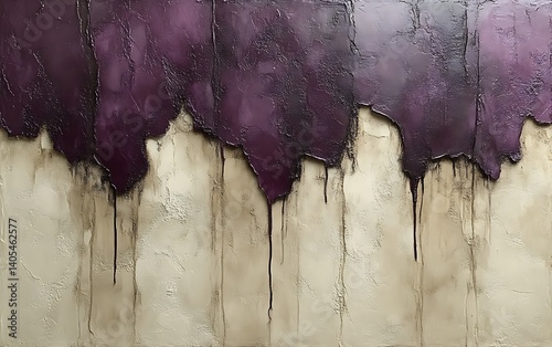 Abstract purple and beige textured paint drips on wall.
