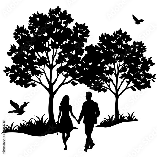 Silhouette of a couple walking in a park with a tree and a bird flying above them on a white background