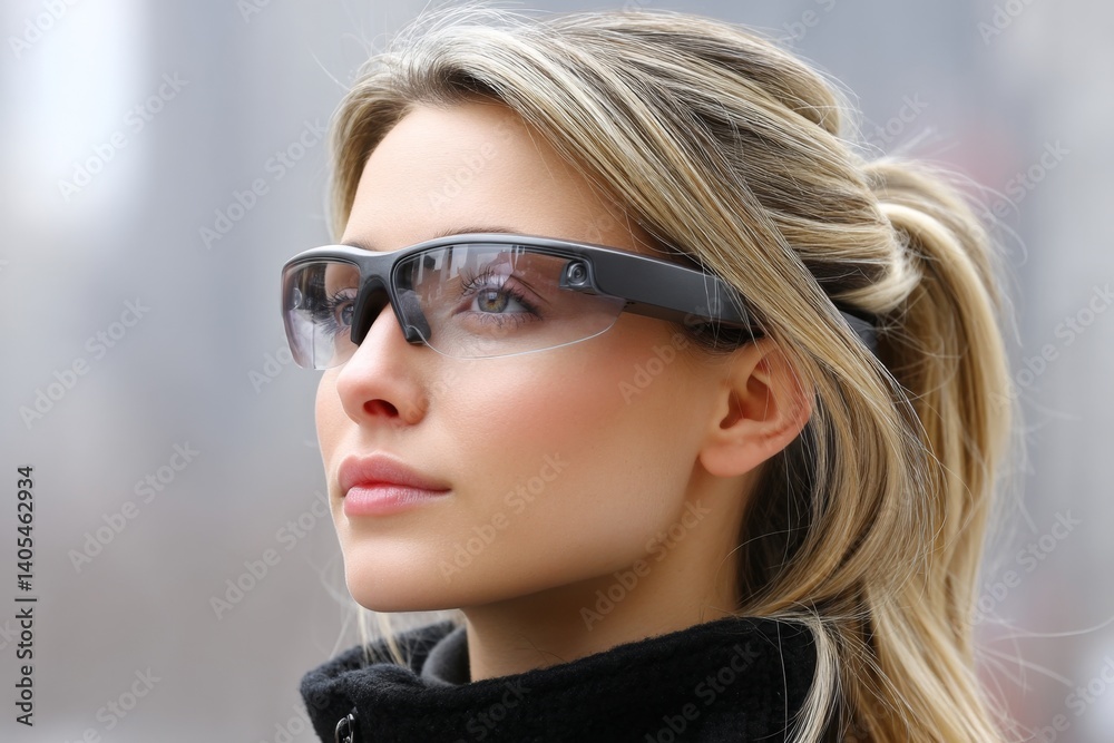 Smart glasses projecting live news and health updates in a public plaza Smart glasses projecting live news and health updates in a public plaza