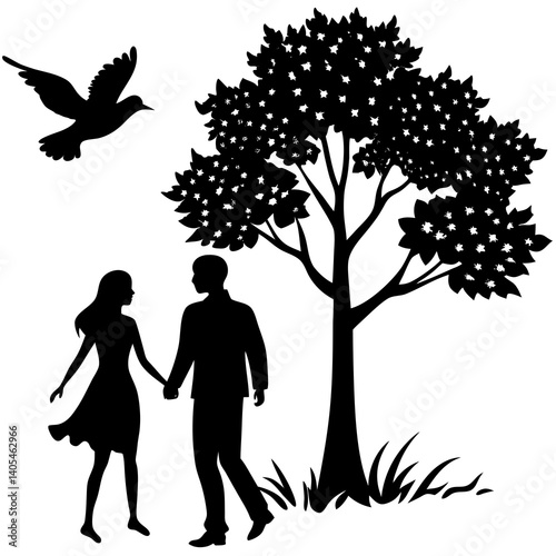Silhouette of a couple walking in a park with a tree and a bird flying above them on a white background