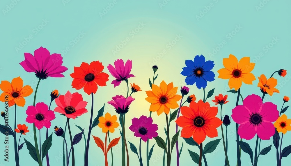 Fototapeta premium Colorful Floral Silhouettes Illustrate bold, colorful flower silhouettes against a gradient background, emphasizing their shapes and contours.